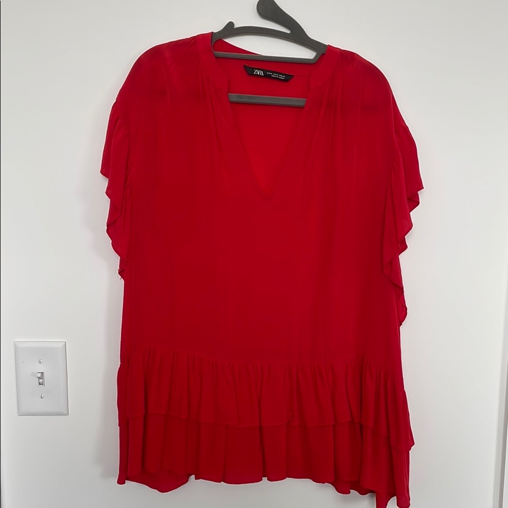 Zara Red Ruffled Short Sleeve Tunic